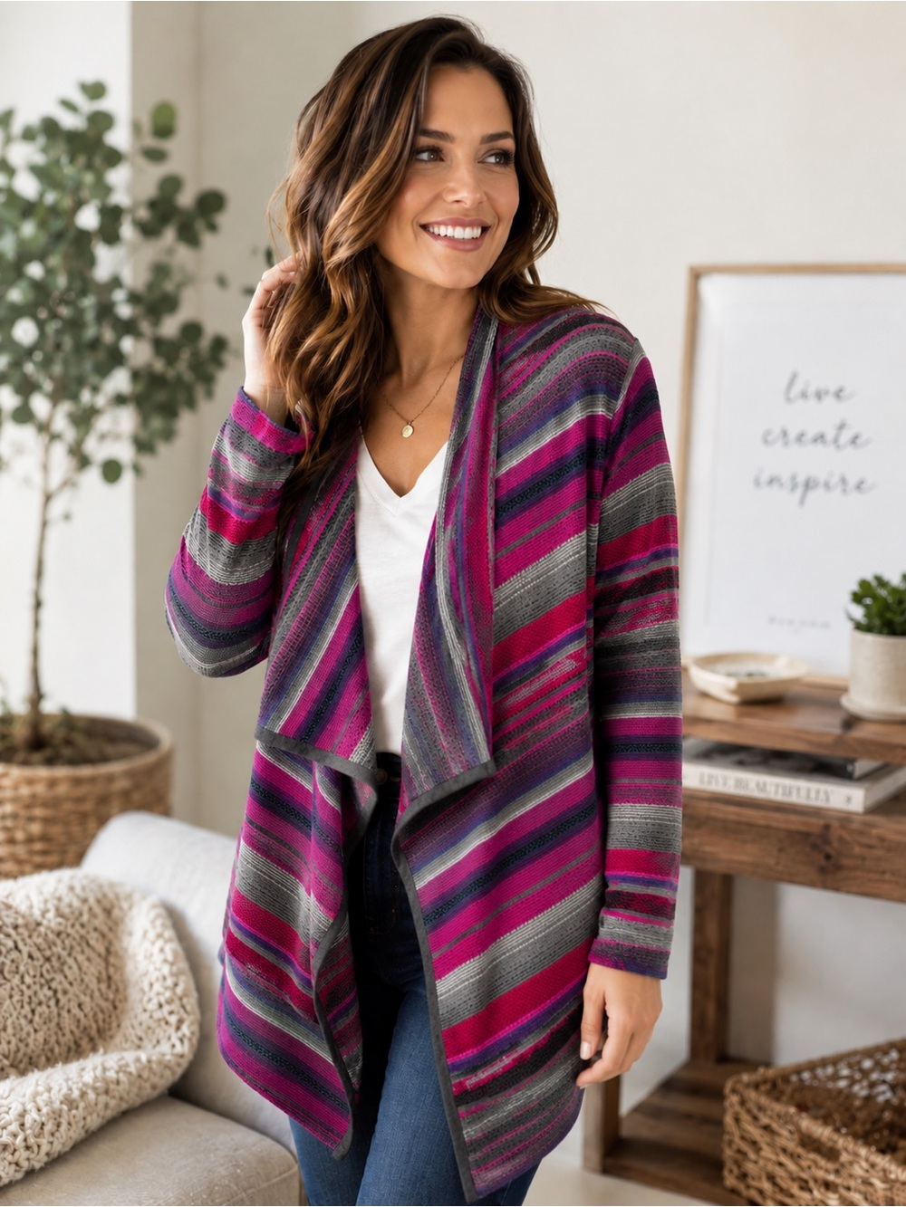 Lauren Ralph Lauren Striped Open Front Waterfall Cardigan. Size Large